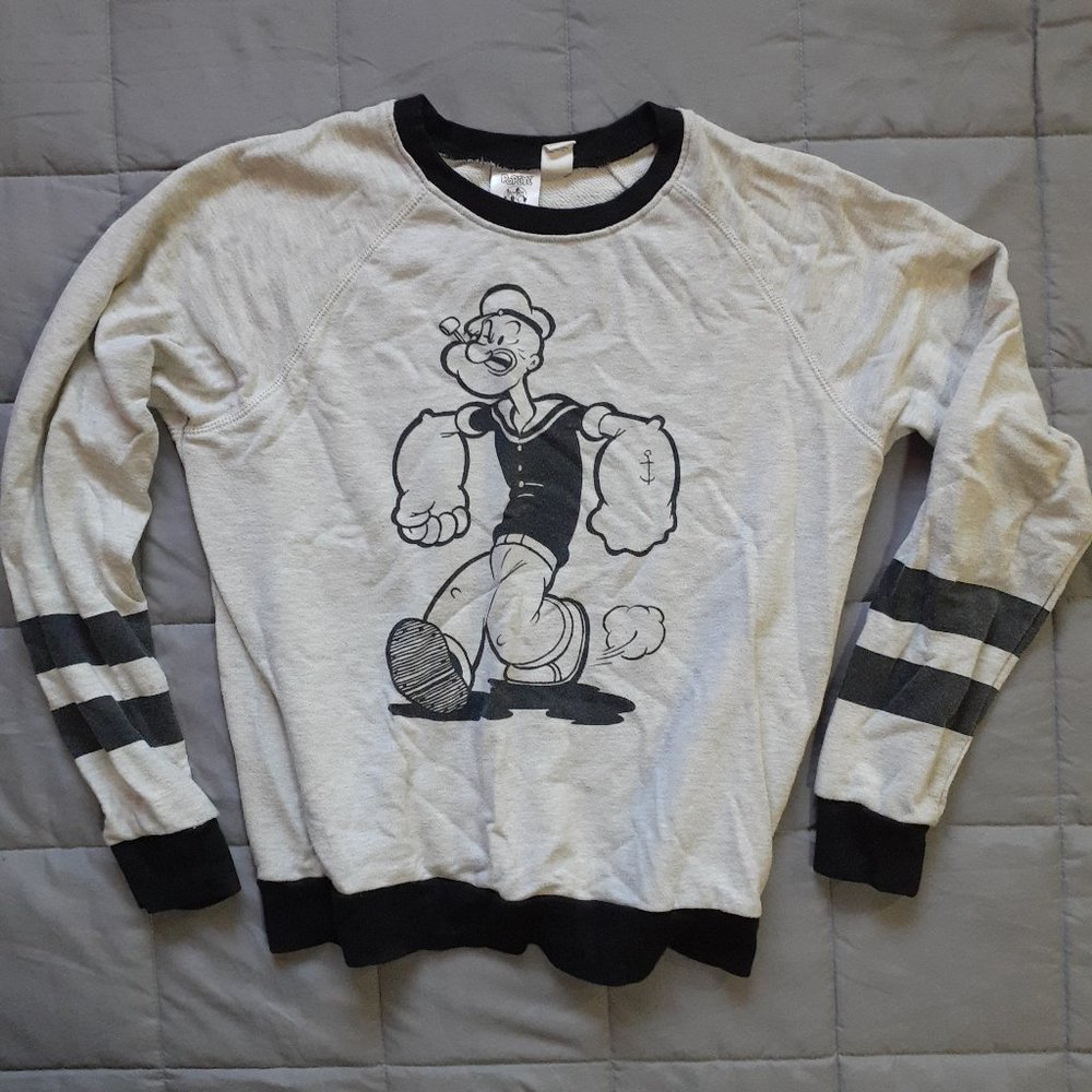Popeye Distressed Sweater Long Sleeve Shirt Grey & Black Womens Small